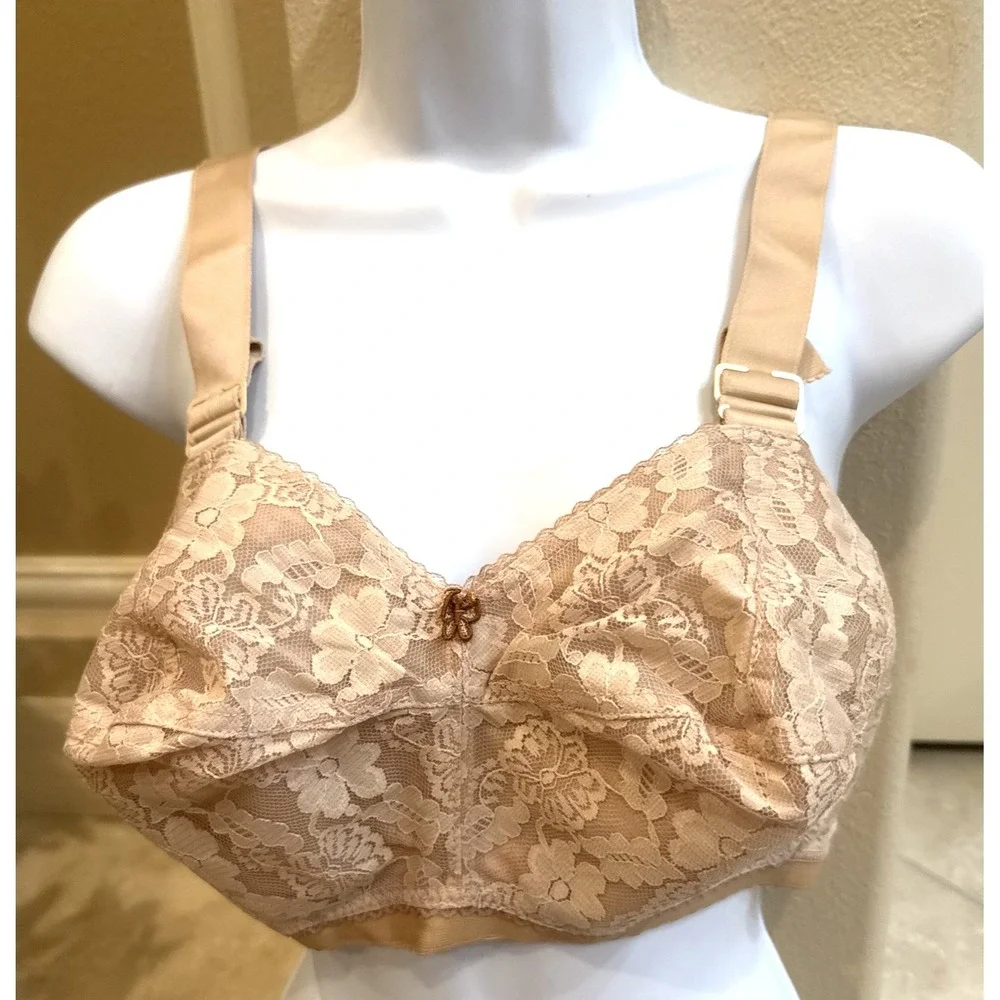 Vtg New‎ 36FF LADY CAMEO Floral Bullet BRA Beige Lace Torpedo Cone Wireless USA
